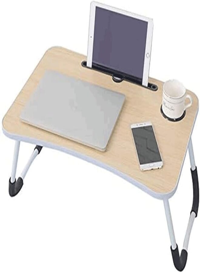 Beauenty Folding Bed Table Laptop Tray with iPad and Cup Holder Adjustable Lap Tray Notebook Stand Foldable Portable Standing Desk for Indoor Outdoor Camping Study Reading Eating (Beige)